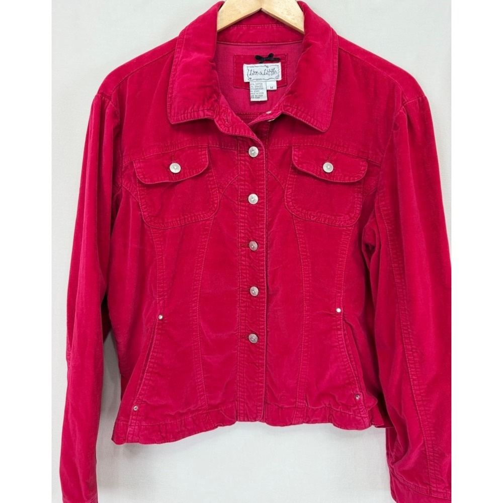Live a Little Vintage Red Brushed Twill Trucker Jacket Rhinestone Button Medium